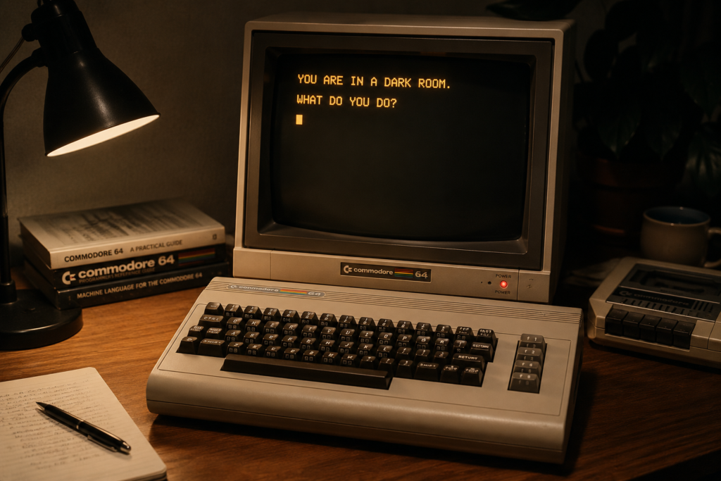 Commodore 64 computer on a desk with a CRT screen showing a text-adventure prompt.