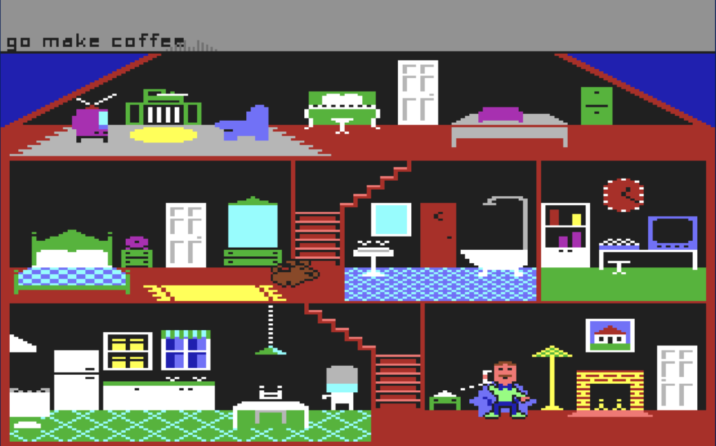 Screenshot from Little Computer People on the Commodore 64, showing the virtual character inside his digital house.