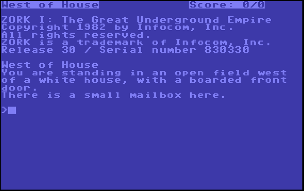 Zork text adventure showing typed player commands