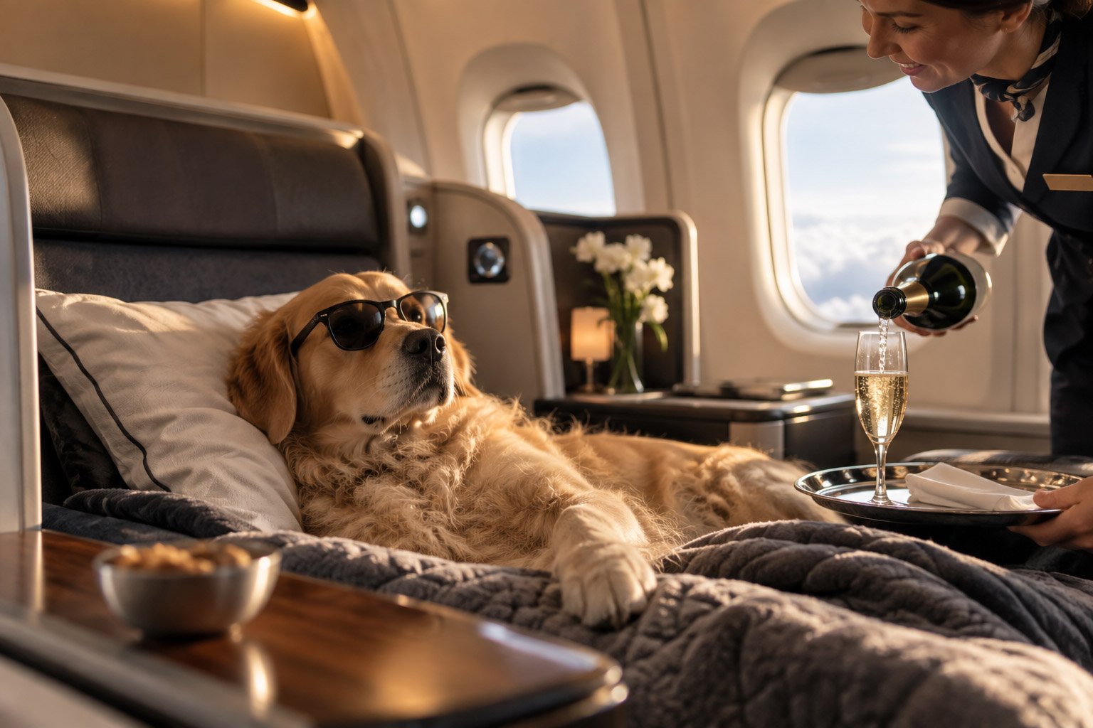 Golden retriever relaxing in a luxury airplane seat while a flight attendant serves champagne